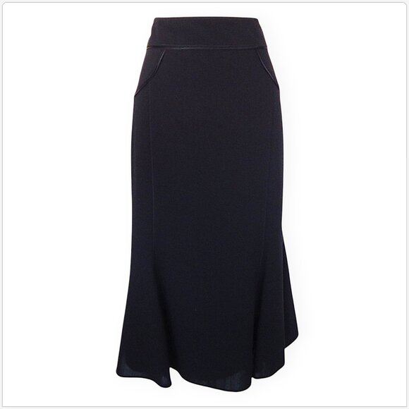 Carlisle Black 100% Wool with Silk Piping Trim Flared Hem Trumpet Skirt 8 - Picture 1 of 5